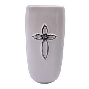 Faithful Blessings FTD White Ceramic Flower Vase Embossed Silver Metallic Cross